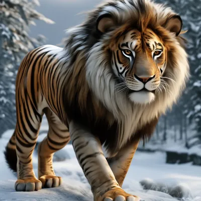Гибрид льва и тигра идёт по …» — создано в Шедевруме