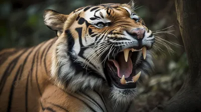 Тигр с открытой пастью и клыками …» — создано в Шедевруме