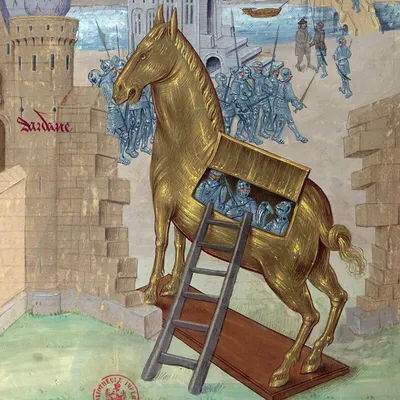 Деревянного Троянского коня втаскивают…» — создано в Шедевруме