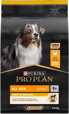 Купить Сухой корм Pro Plan® для склонных к избыточному весу и/или  стерилизованных взрослых собак всех пород с комплексом OPTIWEIGHT с курицей  и рисом, пакет, 3 кг -официальный интернет-магазин Purina
