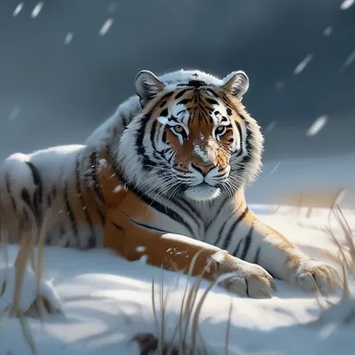 Грустный тигр лежит на заснеженом …» — создано в Шедевруме
