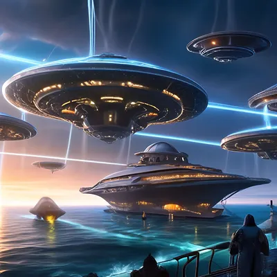 Инопланетные корабли спускаются на …» — создано в Шедевруме