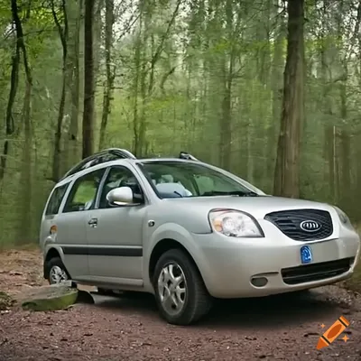 2005 kia rio combi driving in the forest on Craiyon