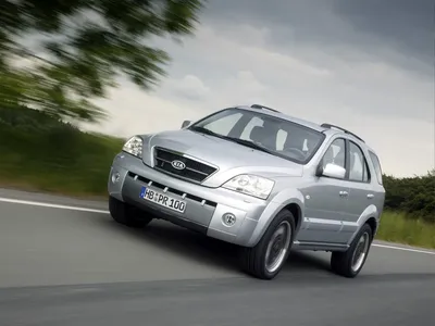 Car, Kia Sorento, cross country vehicle, model year 2002-, silver, driving,  Groand, offroad, diagonal from the front, frontal vi Stock Photo - Alamy