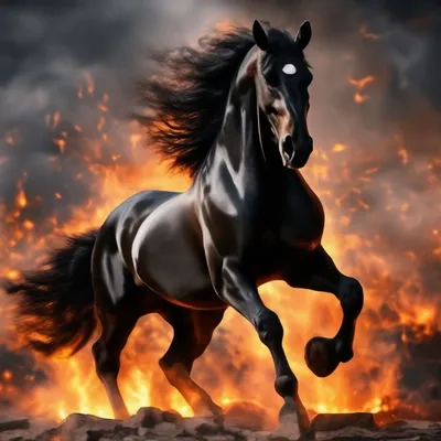 Черный конь на дыбах на фоне …» — создано в Шедевруме