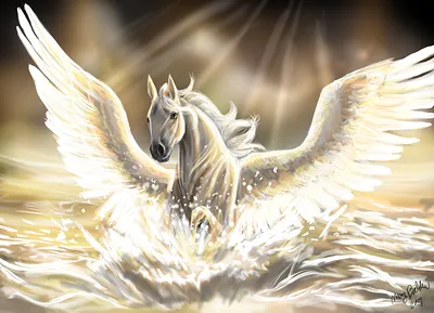 Белый конь Пегас с крыльями на …» — создано в Шедевруме
