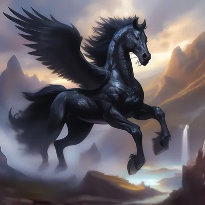 Пегас Черный Конь, Крылья, Фэнтезийный Рисунок Фотография, картинки,  изображения и сток-фотография без роялти. Image 73005297