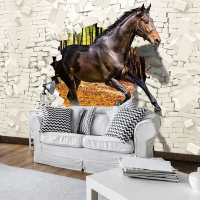 Фото обои белый кирпич в интерьере животные 254x184 см Лошадь выпрыгивающая  из стены 3D (3138P4)+клей (ID#1754671772), цена: 950 ₴, купить на Prom.ua