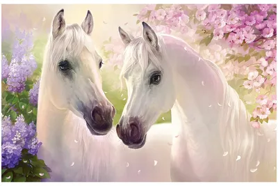 Обои Белые лошади на фоне сиреневых и розовых цветов Топ Фотообои флизелин,  200х129 см 07-2052-MV-4 - выгодная цена, отзывы, характеристики, фото -  купить в Москве и РФ
