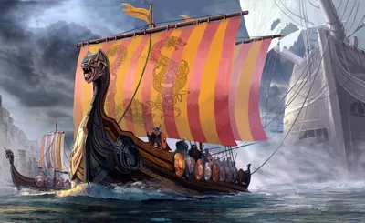 корабль викингов с зелеными парусами плывет по воде, картинка корабля  викингов, викинг, Норвегия фон картинки и Фото для бесплатной загрузки