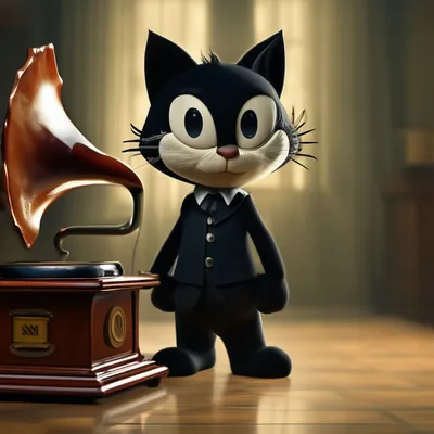 Кот Феликс стоит у граммофона. Фото…» — создано в Шедевруме