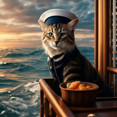 Кот моряк на балконе в море . …» — создано в Шедевруме