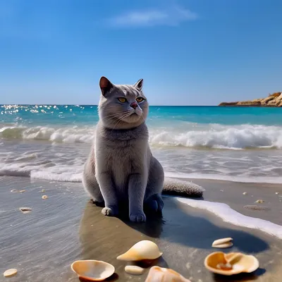 Серый кот британский на побережье …» — создано в Шедевруме