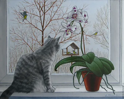 Кот в окне в стиле Академический рисунок, графика, живопись,