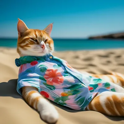 Кот в купальнике на пляже лежит …» — создано в Шедевруме