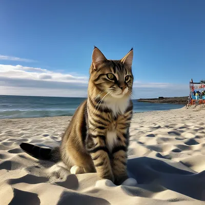 Кот на пляже безмятежный момент | Премиум Фото