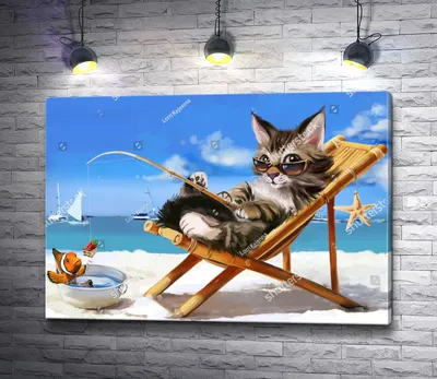 Иллюстрация Кот на пляже в стиле 2d, детский, животные |