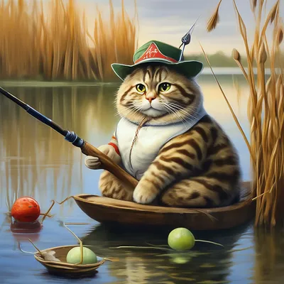 Пухлый кот рыбак с удочкой и …» — создано в Шедевруме