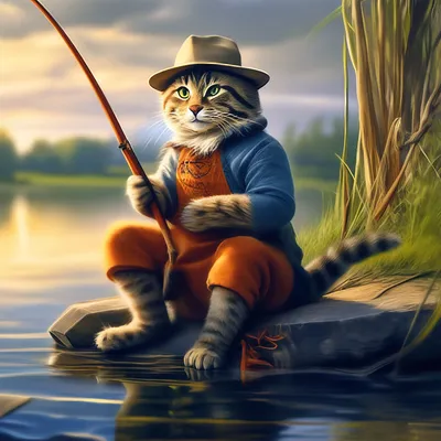 Кот-рыбак сидит с удочкой и ловит…» — создано в Шедевруме