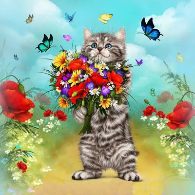 Котенок с цветами - 73 фото