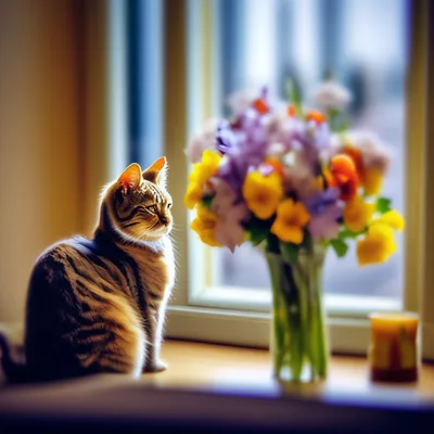Кот возле вазы с букетом цветов» — создано в Шедевруме