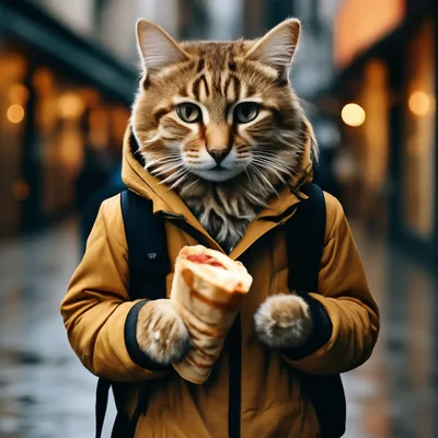 Рыжий кот с рюкзаком идет по …» — создано в Шедевруме