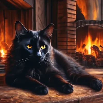 Чёрный кот лежит у камина, уютная…» — создано в Шедевруме