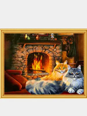 Алмазная мозаика \"Коты у камина\" на подрамнике, 40 х 50 см, полная выкладка  купить по цене 1250 ₽ в интернет-магазине KazanExpress