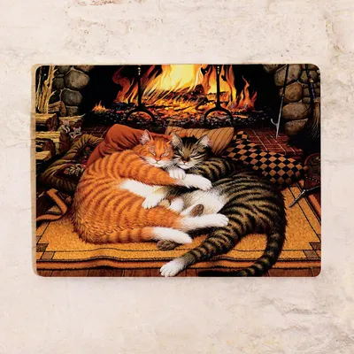 Фото Кот и кошка сидят в кресле у камина и пьют чай, в лукошке спят котята,  художник А. Москаев