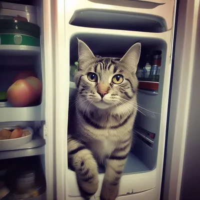 Кот взобрался на полке в холодильнике с крупным планом питания Стоковое  Фото - изображение насчитывающей диетпитание, серо: 204104548