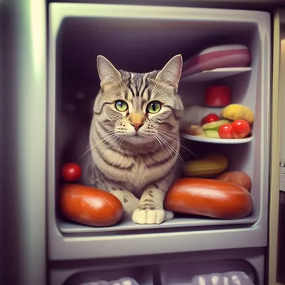 Кот сидит на холодильнике с рыбой …» — создано в Шедевруме