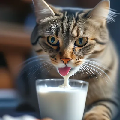 Кот пьёт молоко, , красиво, …» — создано в Шедевруме