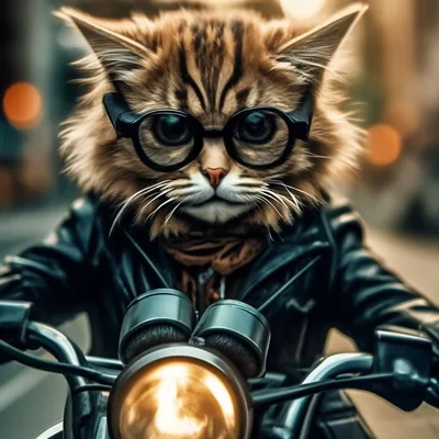 Крутой кот в очках на мотоцикле» — создано в Шедевруме