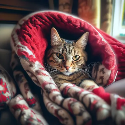 Кот в одеяле с какао в доме» — создано в Шедевруме