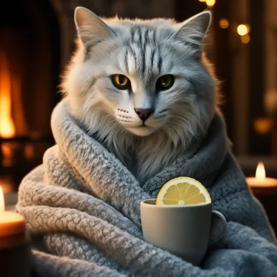 Снежный кот в одеяле возле камина…» — создано в Шедевруме