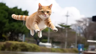 оранжевый кот прыгает по городской улице, кошка прыжок Hd фотография фото,  кошка, небо фон картинки и Фото для бесплатной загрузки