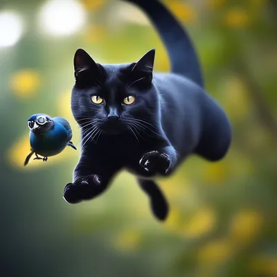 Черный кот в прыжке ловит птицу, …» — создано в Шедевруме