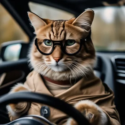 Кот автомобилист за рулём машины…» — создано в Шедевруме