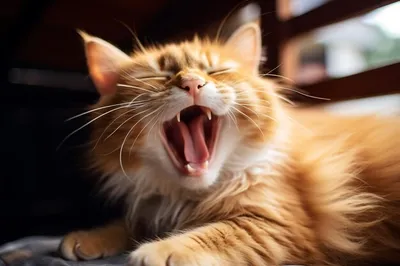 Кот зевает. Портрет кота крупно. Видно пасть - клыки, язык. Кот серый,  пушистый. Черный фон. Stock Photo | Adobe Stock