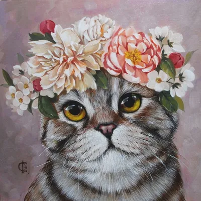 Картина маслом Рыжий кот и цветы холст в стиле Живопись, Животные
