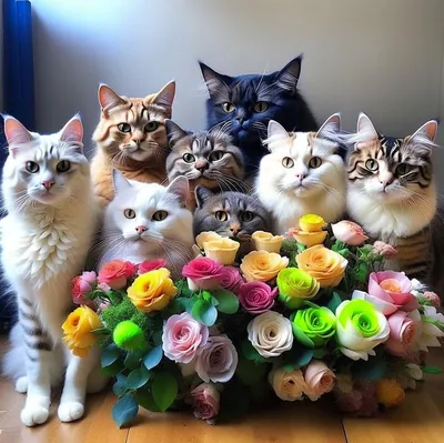 Коты и букет или букет из котиков | Кот, Цветы, Букет