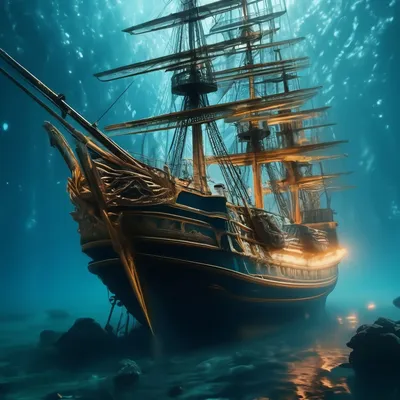 Красивый корабль на дне океана, …» — создано в Шедевруме