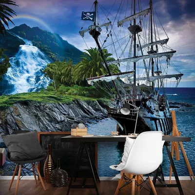 Флизелиновые красивые фото обои море 368x254 см 3Д Детские для мальчиков  Пиратский корабль и клад (ID#1217506283), цена: 1800 ₴, купить на Prom.ua
