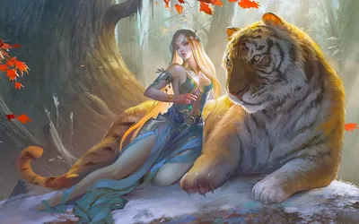 Картинки тигр Эльфы красивый Дети Фэнтези Волшебные животные