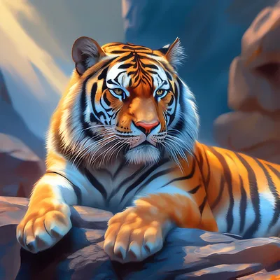 Мощный, красивый тигр лежит на …» — создано в Шедевруме