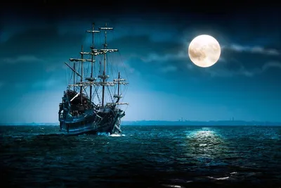 Обои на рабочий стол Красивый корабль идёт по морю в ясную ночь при полной  луне, обои для рабочего стола, скачать обои, обои бесплатно