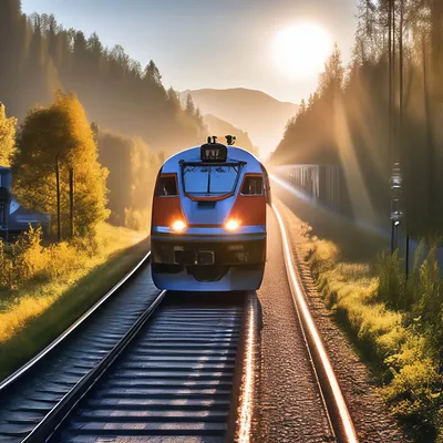 Поезд утром профессиональное фото, 4k…» — создано в Шедевруме
