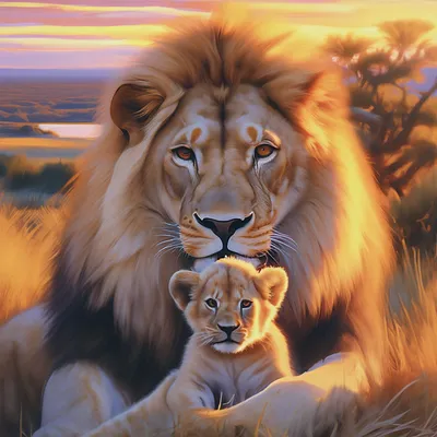 Лев и маленький львенок, закат, …» — создано в Шедевруме