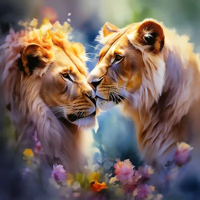 Лев и львица, любовь, акварель, …» — создано в Шедевруме