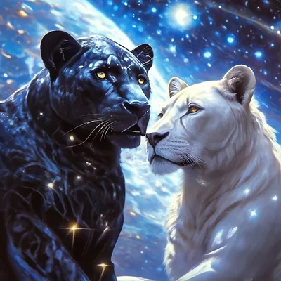 Черная пантера и белый лев смотрят…» — создано в Шедевруме